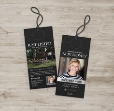 two black and white tags with the words, just listed for a new home on them