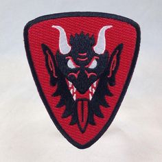 Order Of Krampus Heraldic Patch Krampus Face Medieval Heraldry, Heraldic Shield, Yule Celebration, Head Profile, Cool Patches, Display Cards, Metallic Thread, Embroidered Patch