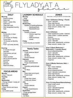 the printable list for flyladyata's laundry schedule is shown in black and white