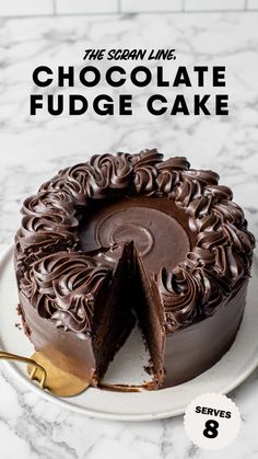 a chocolate fudge cake on a white plate