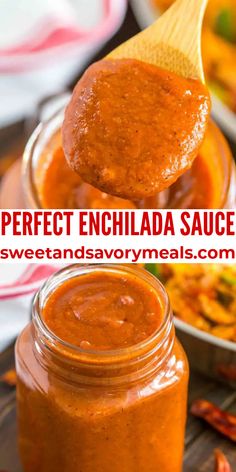 a spoon full of sweet and spicy enchilada sauce on a wooden table