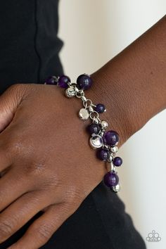 An array of mismatched silver charms and beads swings from a glassy purple beaded bracelet around the wrist, creating a whimsical fringe. Features an adjustable clasp closure. Sold as one individual bracelet. P9SE-PRXX-123XX Paparazzi Accessories Jewelry, Purple Beaded Bracelets, Purple Beaded, Purple Bracelet, Paparazzi Accessories, Silver Charm Bracelet, Jewelry Photography, Paparazzi Jewelry, Bracelet Clasps