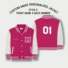 Personalized Kids Sweatshirt Varsity Jacket PINK/WHITE Varsity Jacket Pink, Varsity Letter, Louise Misha, Embroidered Name, The Great White, Kids Sale, Custom Products, White Flats, Knitwear Tops