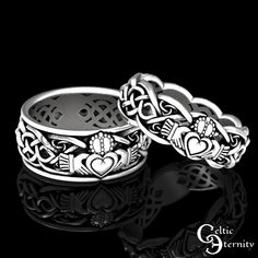 See this ring set with stones! www.etsy.com/shop/CelticEternity?search_query=claddagh A His & Hers wedding set with the infinity Claddagh ring. The Claddagh ring (Irish: fáinne Chladaigh) is a traditional Irish ring which represents love, loyalty, and friendship (the hands represent friendship, the heart represents love, and the crown represents loyalty). All our Celtic rings are made to order and made in YOUR size. We suggest buying our refundable ring sizer: www.etsy.com/listing/937178260 Symbolic Wedding Jewelry With Intricate Design, Symbolic Hallmarked Wedding Rings, Symbolic Wedding Rings Hallmarked, Antique Sterling Silver Promise Jewelry, Antique Sterling Silver Jewelry For Promises, Symbolic Engraved Wedding Ring, Symbolic Wedding Engraved Ring, Symbolic Intricate Design Jewelry For Anniversary, Symbolic Engraved Ring With Intricate Design For Anniversary