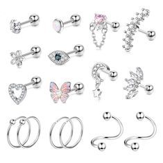 PRICES MAY VARY. 💖【CARTILAGE EARRING SET】One order includes 16 different styles of cartilage earrings:Butterfly Earrings,Flower Earrings ,Heart chain Earrings,CZ Earrings, Evil eye Earrings,Moon dangle earrings,8mm hoop earrings and twist cartilage earrings.Available in silver/ gold tone, various styles are enough to meet your daily needs,enrich your jewelry choices. ✨【MULTIPLE USES】Gauge=16G(1.2mm), barbell length:6mm(0.24in),Hoops diameter:8mm.Screw ball design is easy to put on and take off, Surgical Steel Cartilage Earring As A Gift, Surgical Steel Single Cartilage Earring Gift, Surgical Steel Pierced Cartilage Earrings Gift, Gift Surgical Steel Pierced Cartilage Earrings, Gift Surgical Steel Cartilage Earrings, Trendy Internally Threaded Cartilage Earrings As Gift, Hypoallergenic Surgical Steel Cartilage Earrings For Gifts, Silver Surgical Steel Piercings As Gift, Hypoallergenic Surgical Steel Piercings As Gift