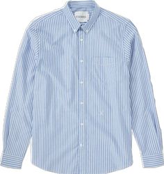 Blue Cotton Shirt With Striped Cuffs, Classic Pinstripe Shirt With Pockets, Cotton Long Sleeve Shirt With Striped Cuffs, Blue Shirt With Striped Cuffs For Work, Blue Striped Cuffs Shirt For Workwear, Blue Shirt With Striped Cuffs For Spring, Spring Blue Shirt With Striped Cuffs, Cotton Shirt With Striped Cuffs And Relaxed Fit, Casual Cotton Shirt With Striped Cuffs