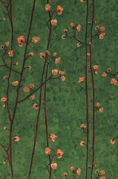 a painting of branches with flowers on them against a green background that looks like it has been painted