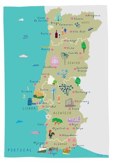 an illustrated map of portugal with all the major cities and towns in green, blue, white