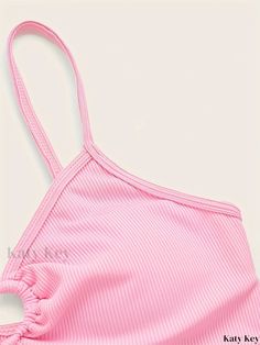 Katykey - Womens Pink Heart Ring-Linked Bikini Top: V Neck Rib-Knit Spaghetti Straps Beachwear Trendy Ribbed Swimwear For The Beach, Casual Ribbed Swimwear For Vacation, Summer Sleeveless Ribbed Swimwear, Sleeveless Ribbed Summer Swimwear, Ribbed Sleeveless Swimwear For Beach, Casual Ribbed Swimwear, Casual Seamless Halter Neck Swimwear, Pink Heart Rings, Deep V Neck