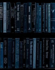 a book shelf filled with lots of black books