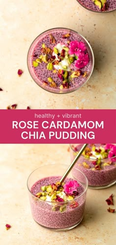 two bowls filled with food and flowers on top of each other, the bowl has pink chia pudding in it