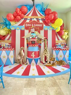 a circus themed birthday party with balloons and decorations