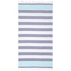 a gray and white striped towel with tassels