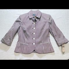 Questions? Leave A Comment Below! Luxury Striped Blazer With Suit Collar, Luxury Striped Suit With Lapel Collar, Luxury Tailored Striped Sport Coat, Luxury Striped Sport Coat For Business, Luxury Striped Sport Coat For Formal Occasions, Luxury Striped Elegant Sport Coat, Luxury Striped Suits With Double Button Closure, Luxury Striped Single Breasted Sport Coat, Red Plaid Jacket