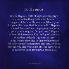 the poem to hypnos is written in blue and black on a dark background