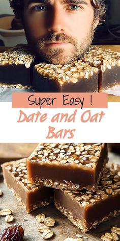 a man sitting in front of some chocolate bars with oats on top and the words super easy date and our bars above it