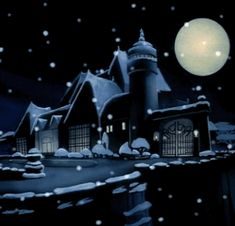 an animated house with snow falling on the ground