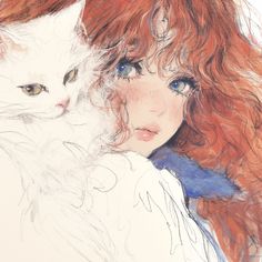 a drawing of a girl with red hair holding a white cat