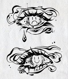 two black and white ink drawings of eyes