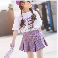 Top And Bottom Included Pleated Skirt Set Cute White Skort For School, Cute White Skirt For School, Cute White School Skirt, Playful Mini Skirt For School, Cute Pleated School Skirt, Cute Spring Skort For School, Summer School Purple Skirt, Purple Summer Skirt For School, Purple Summer School Skirt