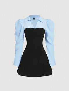 Women's Casual Black & Blue Colorblock Puff Sleeve Short Shirt Dress, Autumn Blue Elegant  Long Sleeve Knitted Fabric Colorblock A Line Medium Stretch  Women Clothing, size features are:Bust: ,Length: ,Sleeve Length: Short Shirt Dress, Blue Clothes, Blue Puffer, Shein Outfits, Dress For Short Women, Short Shirts, Casual Black, Cute Dress, Dress With Bow