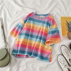 summer+New+T+Shirt+Women+kawaii+Rainbow+Striped+crop+top+Harajuku+Tshirt+Short+Sleeve+Korean+Punk+90s+T-shirts+camiseta+feminina Harajuku Clothes, Hawaiian Shirt Women, Summer Coats, Kimono Yukata, Crop Top Casual, Striped Crop Top, T Shirt And Shorts, Rainbow Stripes, Casual Tee