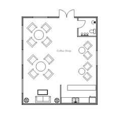 a floor plan for a coffee shop with furniture and decor on the top, along with an open kitchen area