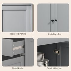 four different types of kitchen cupboards and drawers