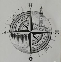 a drawing of a compass with a lighthouse in the background