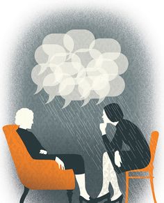 a man and woman sitting on an orange chair in the rain with speech bubbles above them