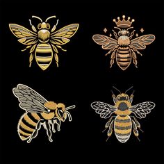 four different types of bees with crowns on their heads and wings, all in gold