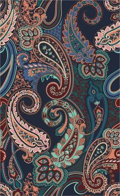 a blue, red and green paisley pattern on a dark background with an intricate design