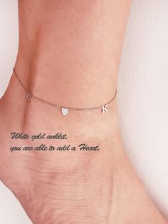 Letter anklet designed for a delicate or minimalist style you. Matching with all day or night styles. You are able to add a letter from the drop down. Initial anklet comes as a center style.( I have other style as a sideways available in my shop) feel free to check it out. Good tip: please be careful with this beautiful anklet if you are planing to wear a pants or shoe with a ankle tie. Gold initial anklet is very delicate and should withstand a normal wear. This anklet is not for kids or teenag Dainty White Anklet Suitable For Gift, Dainty White Anklets Perfect For Gifts, Dainty White Anklets For Gift, Dainty White Anklets As Gift, Delicate White Anklet As A Gift, Gold Sterling Silver Anklet As Gift, Dainty Adjustable Anklets For Valentine's Day, White Sterling Silver Anklets As Gift, Dainty Rose Gold Anklet As Gift