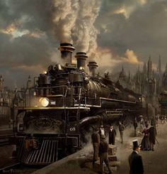 an old steam engine train traveling through a city with people standing on the side walk