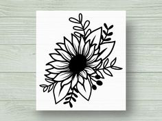 a black and white drawing of a sunflower with leaves on it's petals