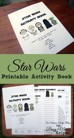 the star wars printable activity book is on top of a wooden table with paper