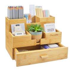 PRICES MAY VARY. 100% Natural Bamboo - This product comes from natural bamboo material, bamboo is a durable, renewable and sustainable material. Natural material is responsible for the health of your family. Large Storage Capacity - The 3-tier shelf organizer can be used to eliminates clutter and free up more storage space, it comes with 1 drawer and 6 storage compartments. Drawer Size:10x5.3x2.3 inch. Drawer Large enough space for a lot of stuff. Versatile Organizer - This storage box can be pl Desk Organizer Basket, Small Desk Orginizer, Affordable Gift Organizers With Pen Holders, Study Desk Organization, Bamboo Countertop, Makeup Storage Drawers, Pencil Holders For Desk, Bamboo Desk, Pen Organizer