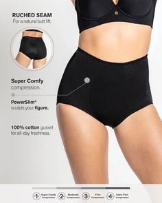 This classic style panty has an inner layer of our trademark PowerSlim® fabric for super comfy compression. This shaping panty is high-waisted to cover and flatten your whole tummy. The ruched seam in the back gives your butt a little lift. This is the perfect daily shaper panty. High-cut Leg Bottoms With Built-in Shorts, Solid Stretch Bottoms With 5-inch Inseam, Classic Stretch Bottoms With Built-in Shorts, High Waist Shaping Bottoms With Wide Waistband, Shaping High Waist Bottoms With Wide Waistband, High Waist Shapewear Bottoms With Built-in Shorts, Compressive High Waist Elastane Tights, High Waist Bottoms With Wide Waistband For Shaping, High Waist Compressive Elastane Tights