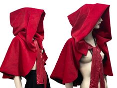 Hood Design Fashion, Red Velvet Costume, Velvet Cape Outfit, Red Cape Aesthetic, Luxury Elegant Red Cape, Hood Reference, Red Riding Hood Outfit, Red Capes, Fitted Cosplay Cape