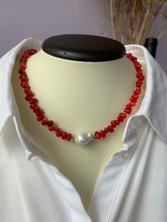 VICTORIA GRIG 🌟Only handmade🌟 Choker necklace natural red coral. Promotion - As a gift Free gift wrapping. The choker is made of natural coral. Majorca pearl pendant. Length 45 cm. / 17.7 inches. LUX fittings, 14 carat gold plated. 🌟This is an exclusive decoration in a single copy! 🌟We present to you a unique collection of jewelry made from natural coral, created with love and inspiration by the skillful hands of a master. Each piece is a unique piece of art that will easily complement your Red Pearl Necklace With Charm As Gift, Red Pearl Necklace With Pearl Charm As Gift, Red Necklaces With Natural Stones For Gift, Adjustable Red Coral Jewelry Gift, Elegant Red Pearl Necklace With Natural Stones, Elegant Handmade Red Coral Necklaces, Handmade Elegant Red Coral Necklace, Pearl Charm Choker Necklace Gift, Handmade Red Coral Pearl Necklace