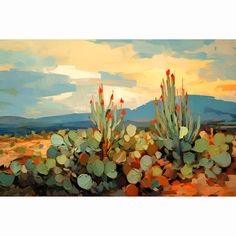 a painting of cactus plants in the desert