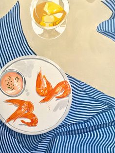 a painting of shrimp and dipping sauce on a white plate next to a glass of orange juice