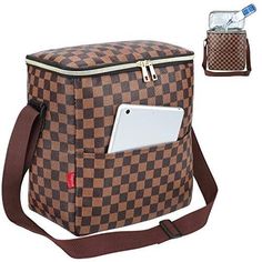 a brown and black checkered bag with an electronic device in the pocket on it