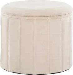 a white ottoman with pleated panels on the top and bottom, sitting in front of a white background