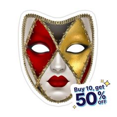 Decorate laptops, Hydro Flasks, cars and more with removable kiss-cut, vinyl decal stickers. Glossy, matte, and transparent options in various sizes. Super durable and water-resistant. A traditional mask in ivory, gold, black and red Traditional Mask, Mask Sticker, Venetian Mask, Masks Art, Story Ideas, Gold Black, Color Patterns, Decorate Laptops, Vinyl Decal Stickers