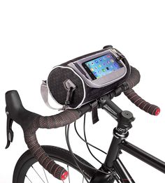 a bicycle with a cell phone strapped to it's handlebars on the back