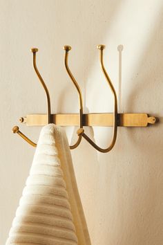 a towel is hanging from a hook on the wall next to a towel rack with three hooks