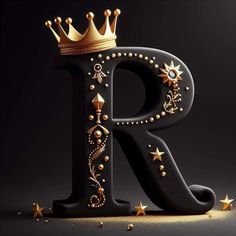 the letter r is decorated with gold stars and a crown on it's head