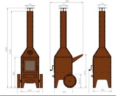 three different types of wood burning stoves with measurements on the side and front sides