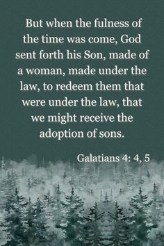 But when the fulness of the time was come, God sent forth his Son, made of a woman, made under the law, to redeem them that were under the law, that were under the law, that we might receive the adoption of sons. Galatians 4: 4, 5 Galatians 4:4-5 Christmas, Galatians 4:4-5, Galatians 4, Christmas Verses, God Sent, Advent Season, God's Grace, Gods Grace, Beautiful Words